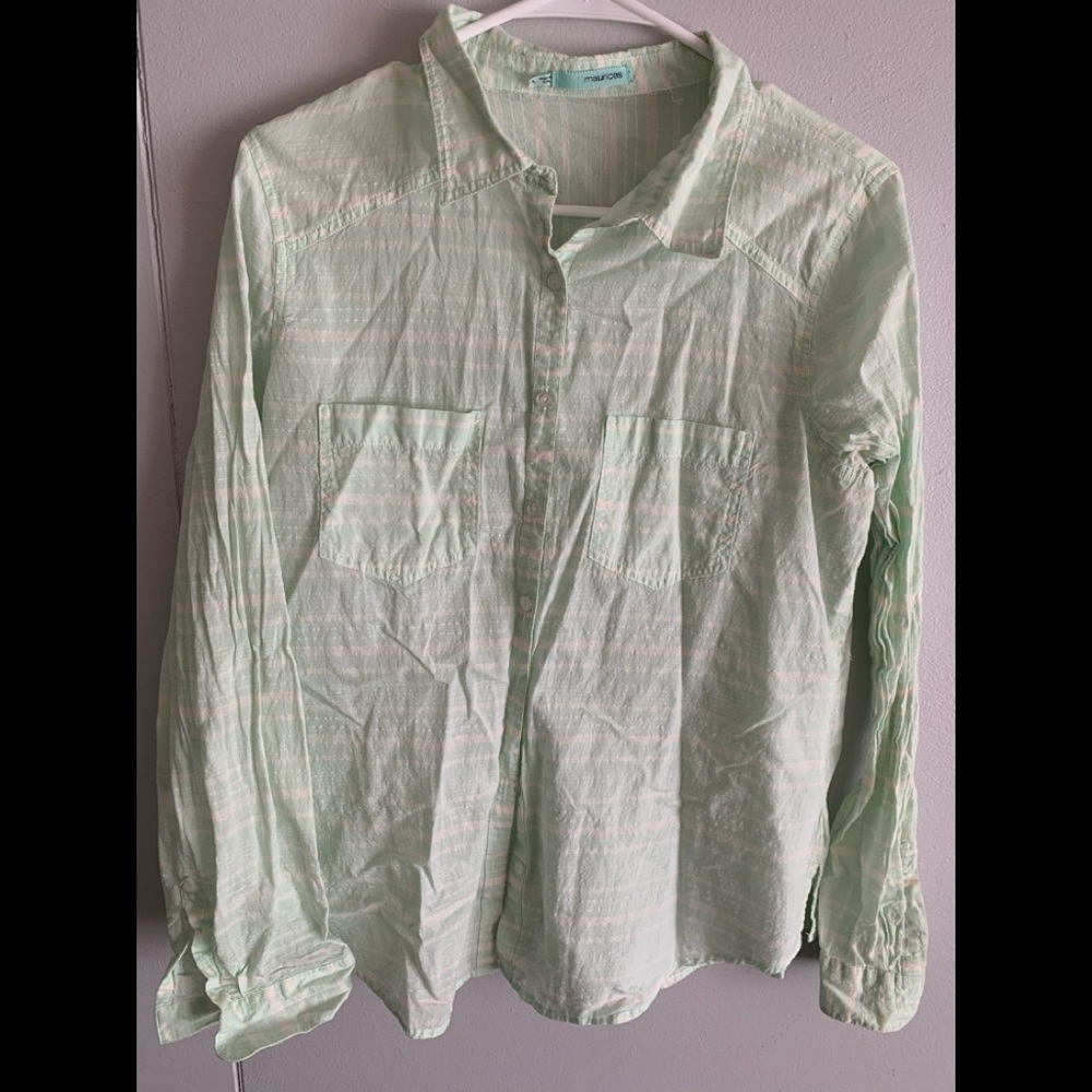 Mint green striped light weight linen button down.